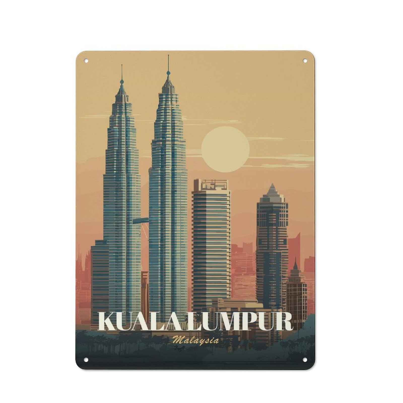 Junmoney Style-15 Vintage Metal Sign 40X30cm Featuring Kuala Lumpur Cityscape Illustration For Pub Or Café, Wall Decor For People Reorganising Pub And Café