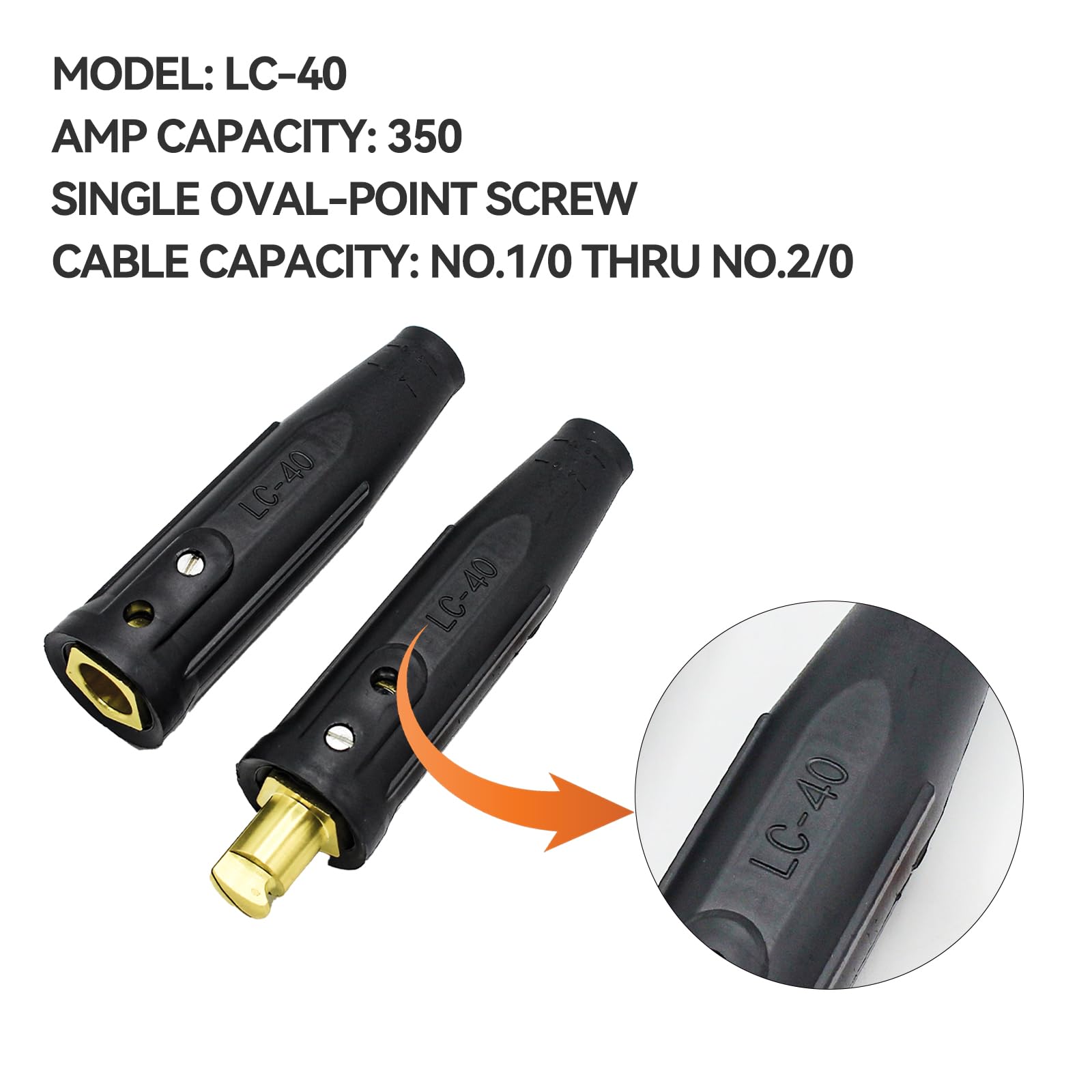 LC40 - Juego de conectores de cable de soldadura, conectores para cables de máquina de soldar, capacidad de tamaño de cable 1/0 y 2/0, clasificación máxima de 350 amperios (1 macho/1 hembra)