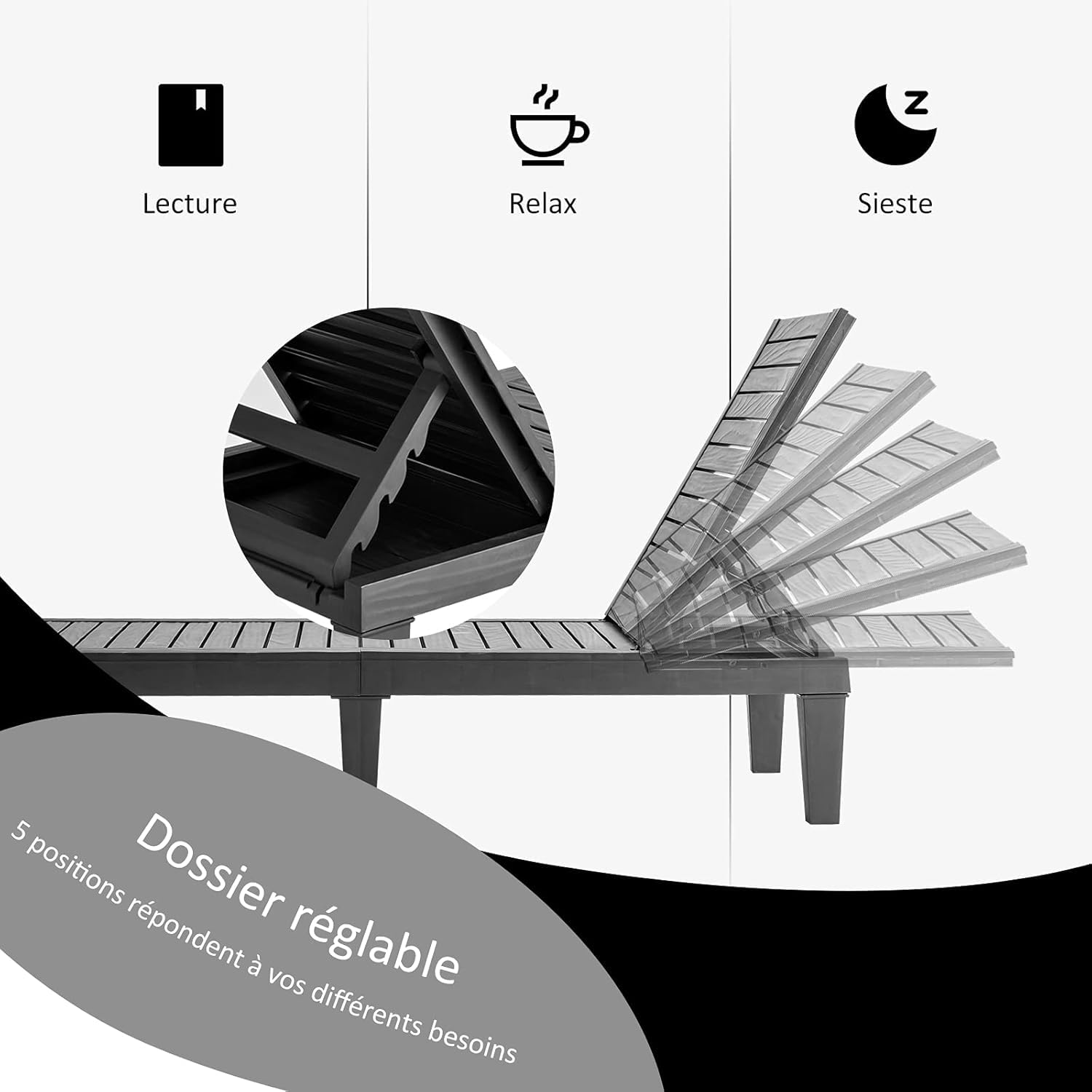 GOPLUS Muebles de Exterior de 2 Piezas, Tumbona Plegable en 5 Posiciones, 190 x 57,5 x 29 – 84,5 cm, 2M Sombrilla Paja de PP con 8 Varillas para Piscina, jardín (Negro, 1 Tumbona+1 Sombrilla)