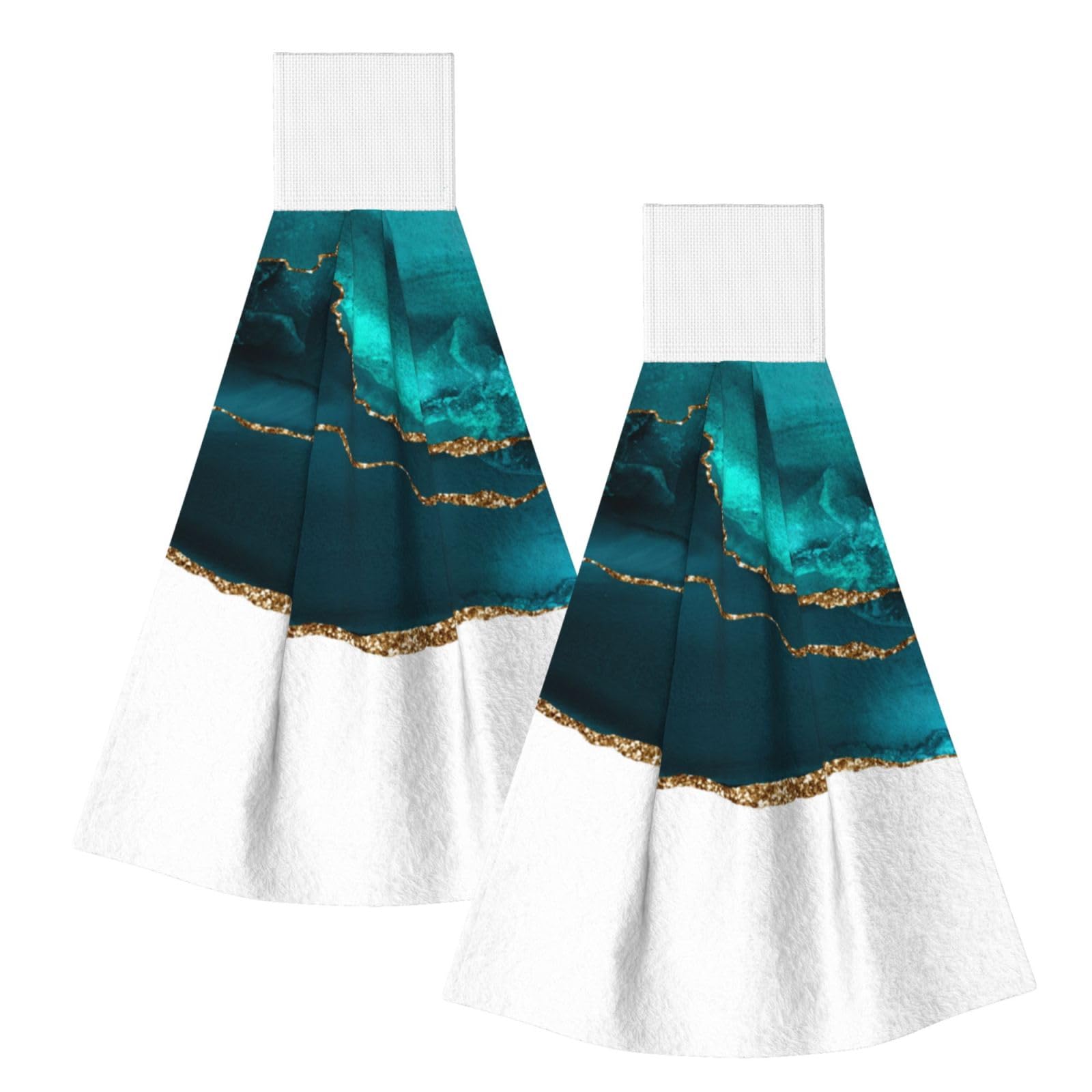 DOPKLNA Modern Stylish Teal Gold Agate On White, 2 Pcs Hanging Coral Fiber Hand Towels for Bathroom, Absorbent Kitchen Towels