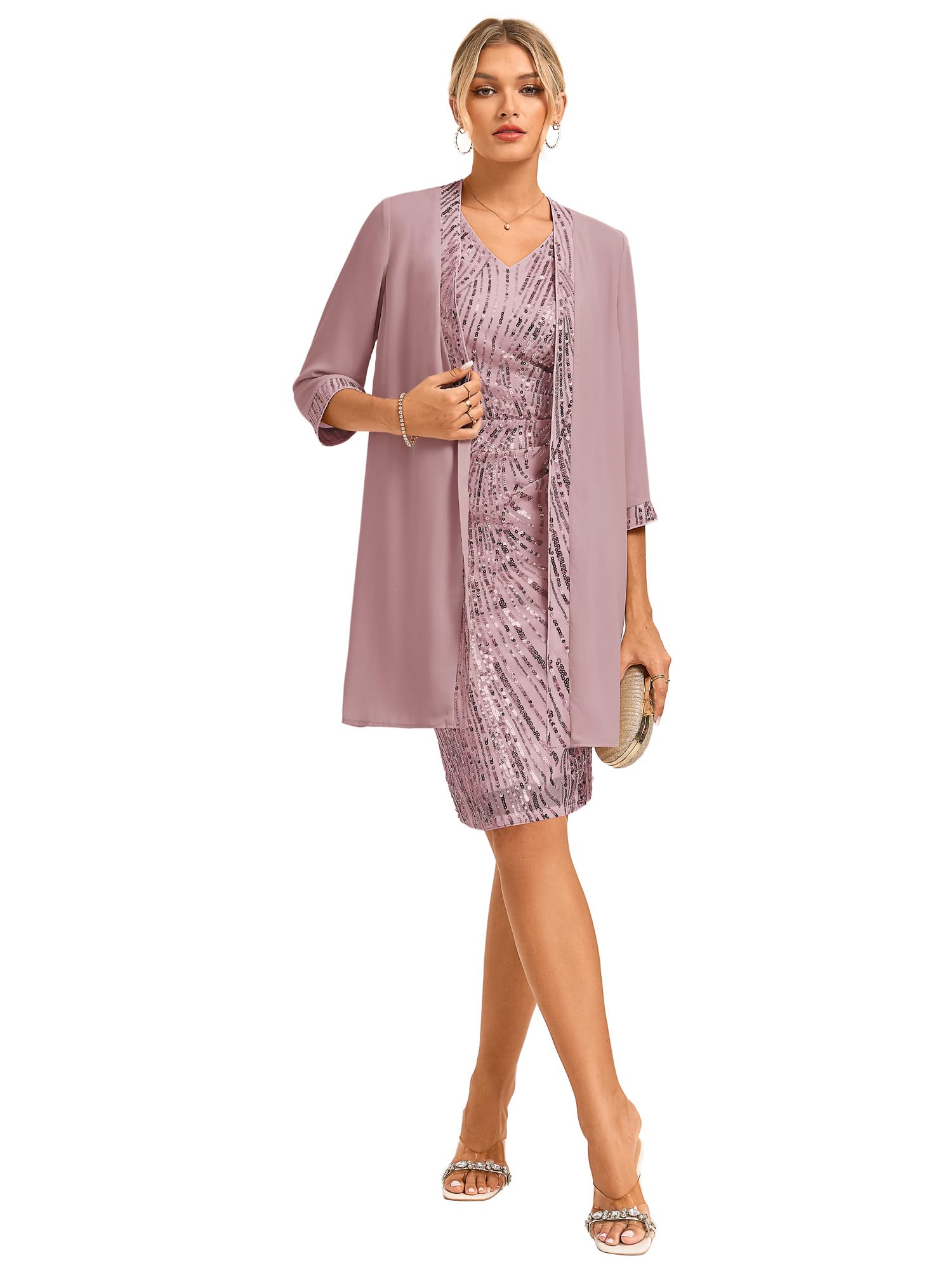 GRACE KARIN Abito da cocktail da donna, con scollo a V, senza maniche, con paillettes, con cardigan, due