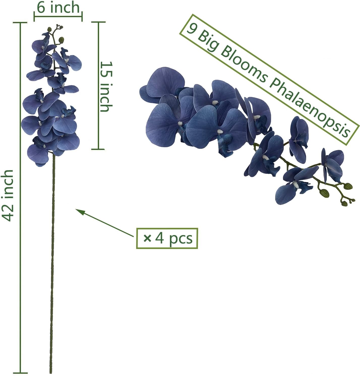 FagusHome 9 Heads Artificial Phalaenopsis Flowers 4 Pcs Artificial Orchid Flowers 42 inch Stem Plants for Home Décor (Dark Blue), FH1000144