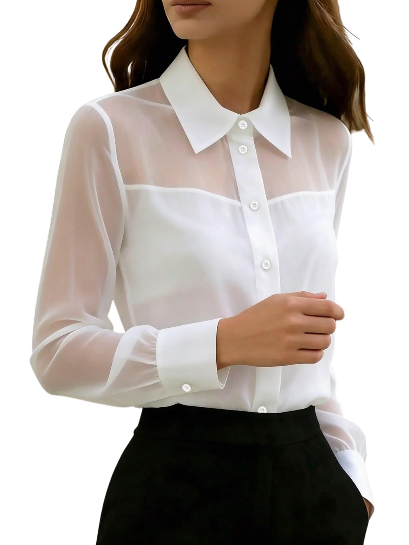 GORGLITTER Camicetta da donna elegante in rete, da ufficio, a maniche lunghe, con pendolo trasparente, slim fit, camicia da ufficio