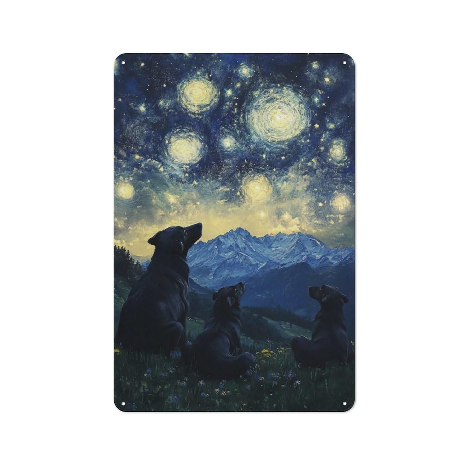 Junmoney Starry Night Dogs Retro Metal Sign With Design 30X20cm, Nostalgic Vintage Wall Decor For Kitchen, Hallway, Bar Or Small Cafe