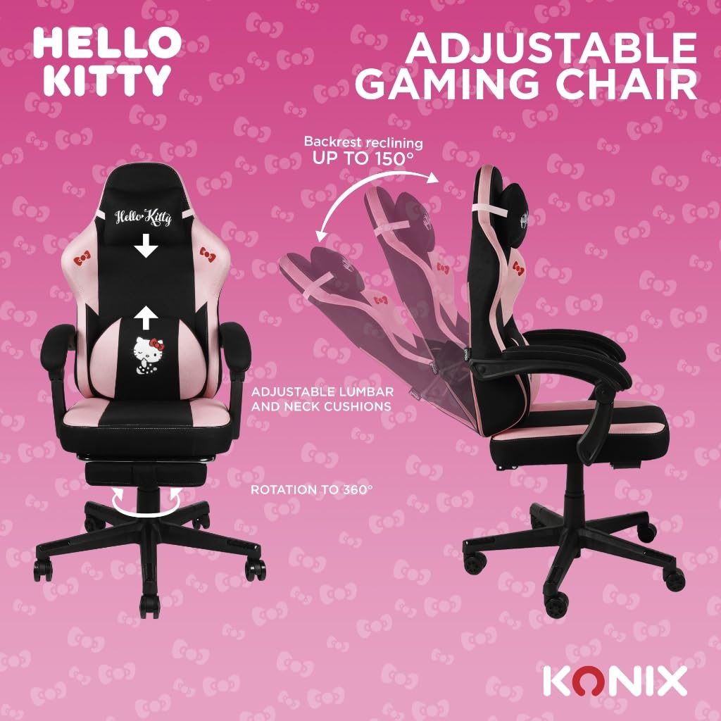 Konix Hello Kitty Gaming Bürostuhl - Sitzneigung 150° - Stoffbezug - Holz- und Metallgestell - Kissen - Fußstütze - Schwarz und Pink
