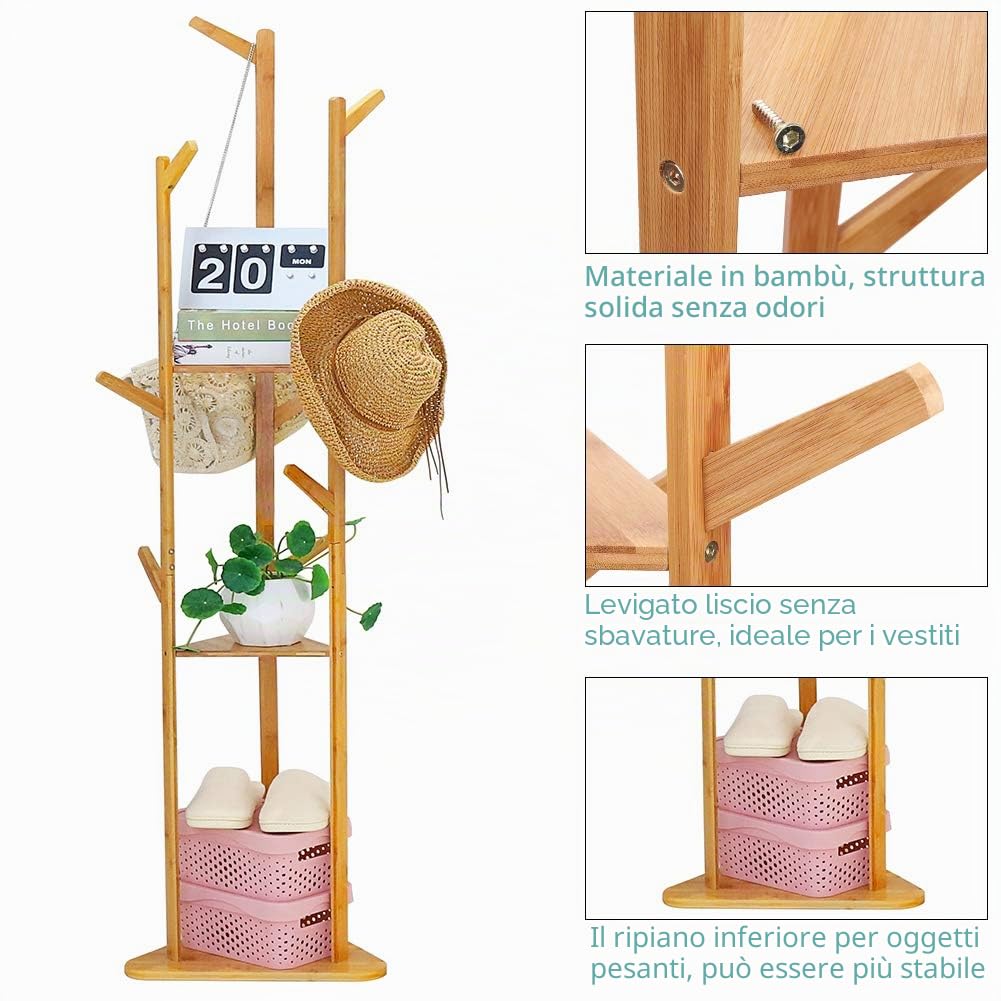 Appendiabiti da Terra ingresso Legno Bambù Attaccapanni Servomuto da camera | Appendiabiti Autoportante Design Moderno Salvaspazio con 3 Ripiani 9 Ganci