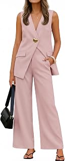 Women's 2026 Summer 2 Piece Suit Sets Sleeveless Blazer Vest and Wide Leg Pants Business Casual Outfits