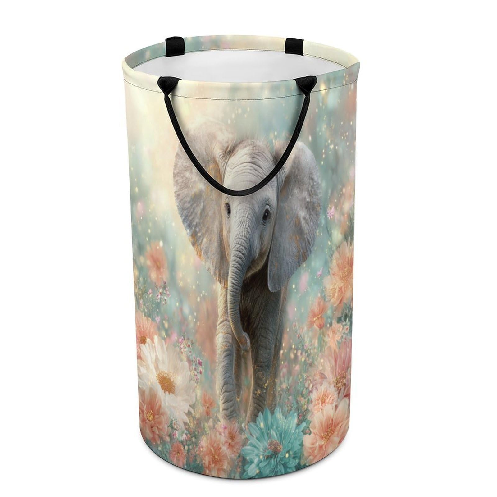 LUYYSKY Cute Realistic Baby Elephant Collapsible Dirty Clothes Basket, Fantasy Painting Art Garden African Animal Elephant Floral Portable Clothes Storage Basket