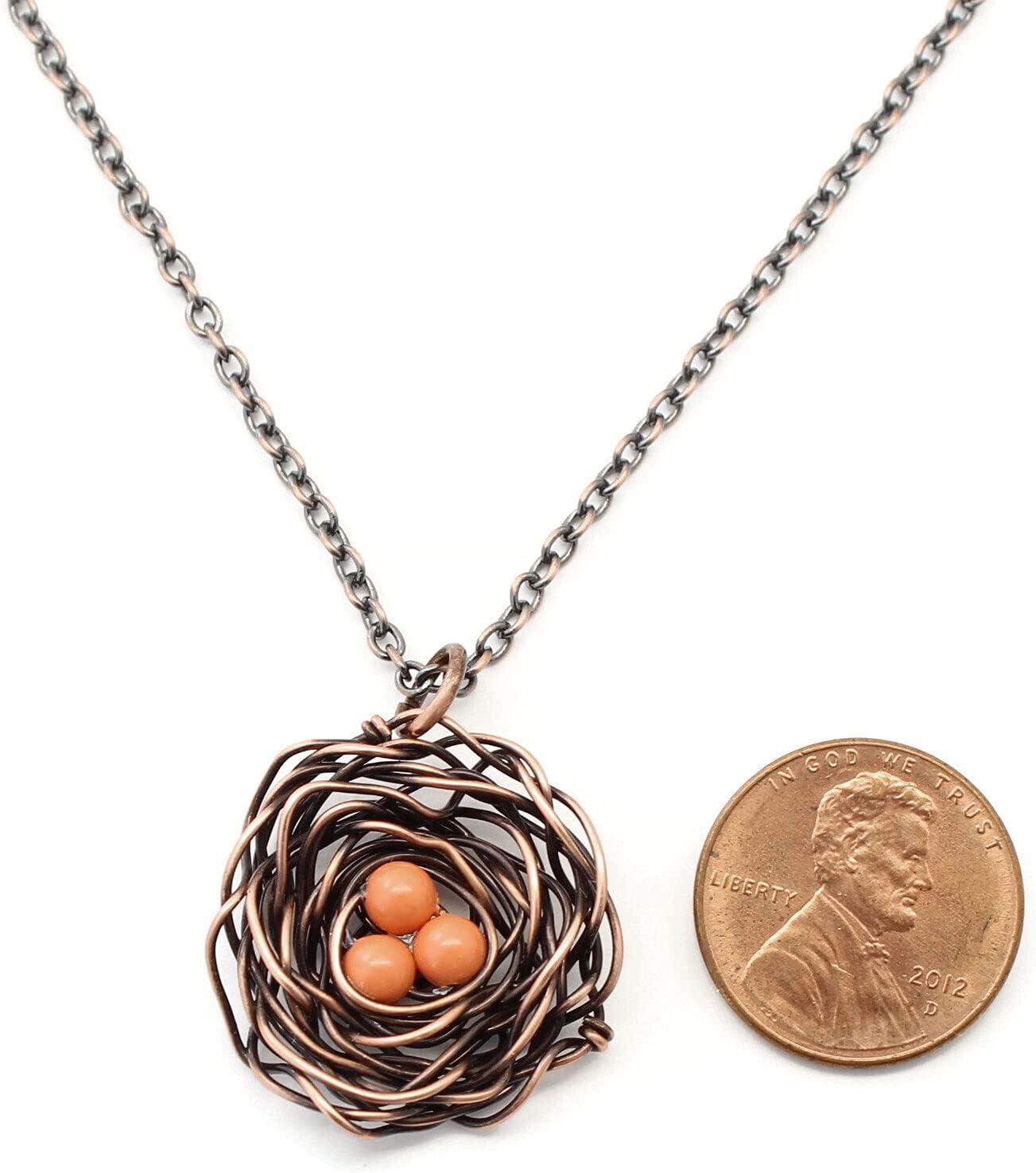 Pillar of Salt Studio Handcrafted Copper Bird Nest Pendant with Simulated Pearl Eggs (18" Chain, Coral Orange)