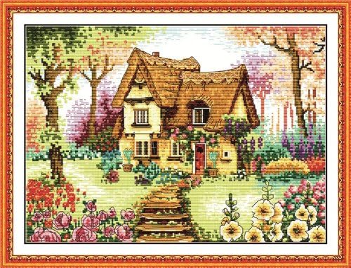 Benway Counted Cross Stitch Cottage with Colorful Flowers Steps and Trees 14 Count 45cm X 35cm