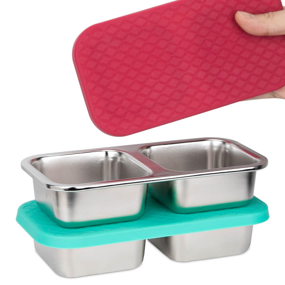 DOSEWART 2-Compartment 10oz Stainless Steel Snack Containers, Reusable Snack Containers with Silicone Lids Lunch Box for Meal Prep Food Storage On-the-Go Snacking(2 Pack)