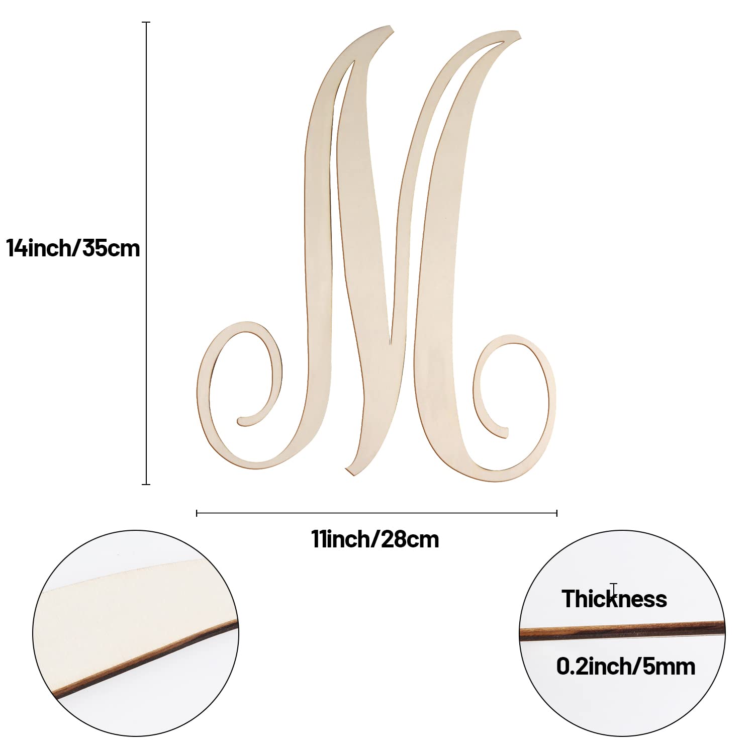 Cursive Wooden Letters for Wall Decor 14 Inch Large Wooden Letters Unfinished Monogram Wood Letter Crafts Alphabet Sign Cutouts for DIY Painting Door Hanger (M)