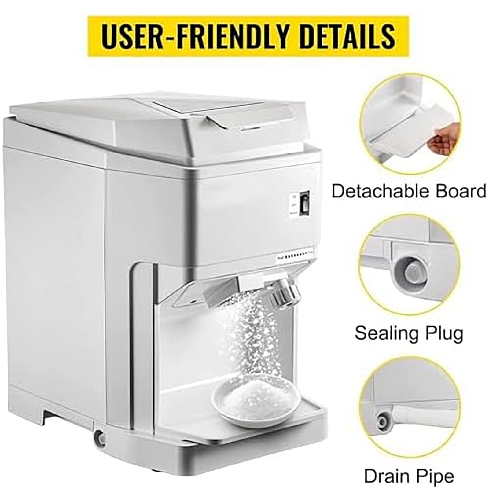 Máquina Cono Nieve, Trituradora Cubitoshieloeléctrica 2,3L con Bandeja Agua, Velocidad 320rpm/min Y Espesor Hielo Ajustable, Fabricación Hielo Rápida 3S Y Salida120kg/h,Sabor Suave Y Delicado
