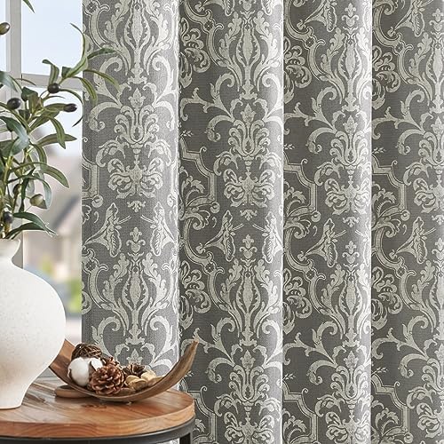 jinchan Room Darkening Curtains for Bedroom Grey Damask Curtains 84 Inches Long for Living Room Baroque Style Linen Textured Pattern Drapes Medallion Window Treatments Grommet Top 2 Panels Set