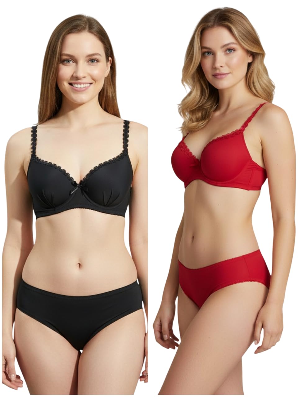 InstaLingerie Women's Lighlty Padded Bra Panty Set Lace-Trim Underwire T-Shirt Medium Coverage Super Cotton Mid Waist Bikini Combo Pack of 2-picture-46