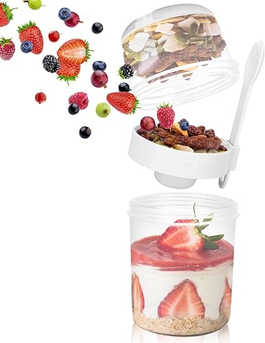MultiOutools Recipientes de avena con tapas, paquete de 2 tazas de desayuno de 29 onzas, recipiente de yogur con cuchara para viajes, gimnasio,