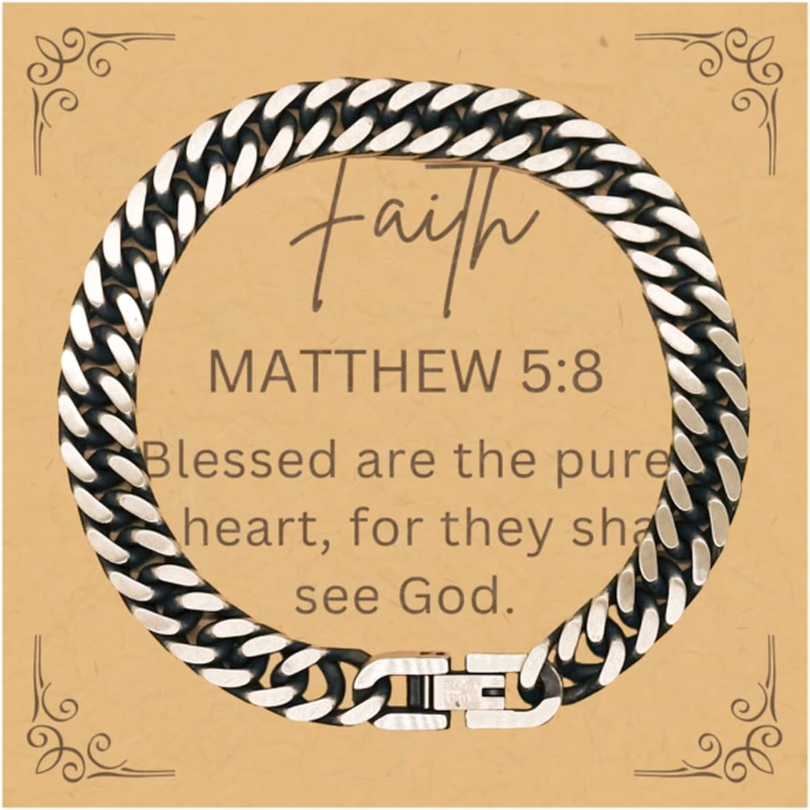 PARN'S Gifts For Christian Bible Verse - Matthew 5:8 - Cuban Link Bracelet Faith Gifts For Son Dad Brother Nephew Boyfriend Husband, Religious Jewelry Bracelet Message Card Box