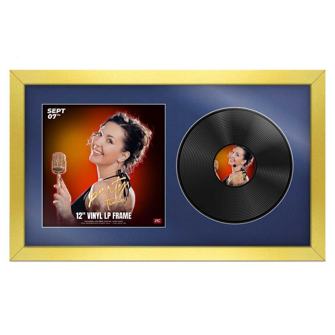 Procut Global 30x17" Gold Vinyl Record Frame for 12 Inch LP Cover & Disc - Premium Display Photo Frame - Engineered Wood with Shatterproof Perspex - Music Lover Gift & Home Décor