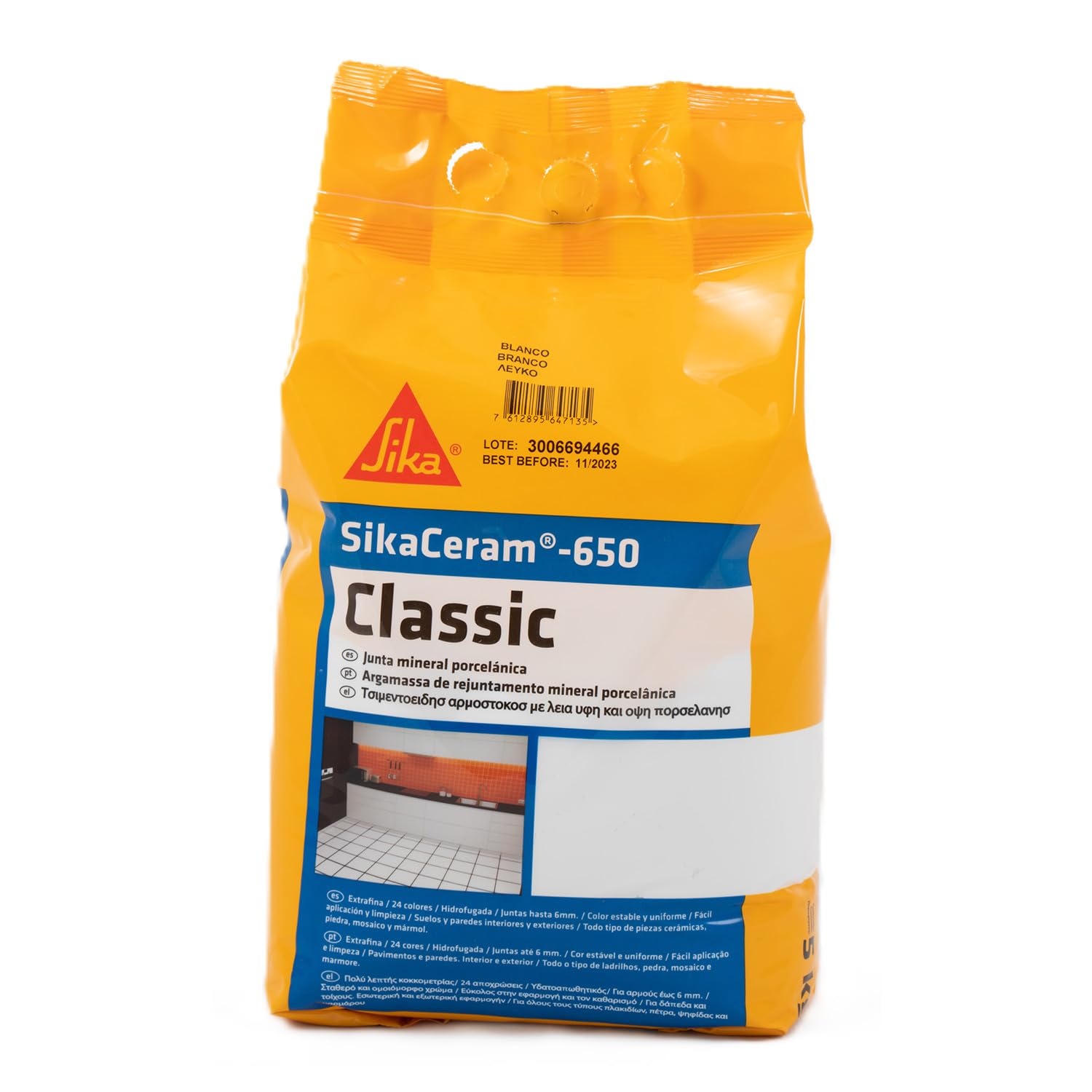 SIKA - Junta mineral porcelánica - SikaCeram-​650 Classic - Blanco - Lechada de cemento coloreada para relleno de juntas de 1-​6 mm en paramentos y pavimentos interiores y exteriores - 5 kg