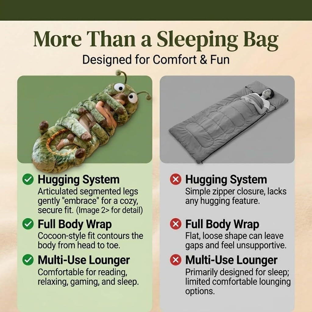 Hugging Caterpillar Sleeping Bags, Plush Cocoon Sleeping Bag, Cozy Indoor Nap Pod with Pull Cord, Cozy Reading Nest, Animal Sleeping Bags