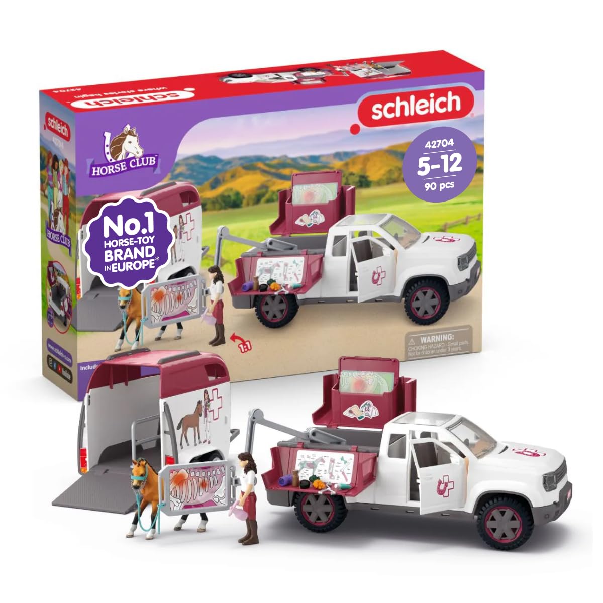 schleich Horse Club | Mobile Tierärztin mit Anhänger 42704 | 90 Teile | Set aus Pick-up & Anhänger, 1 Pferd, bewegliche Figur & Zubehör | Geschenk für Mädchen und Jungen | Spielzeug ab 5 Jahren