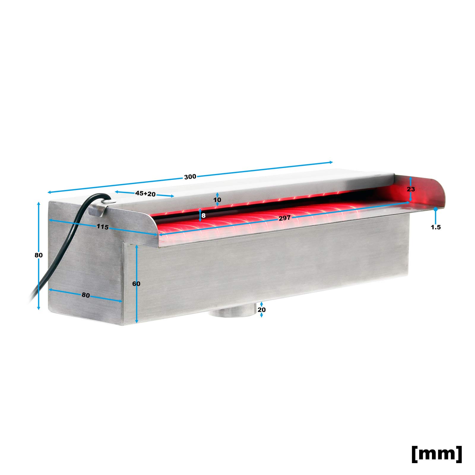 Wiltec Edelstahl Wasserfall Wasserspiel Kaskade 30cm LED Wasserfallschale Teich Pool Brunnen