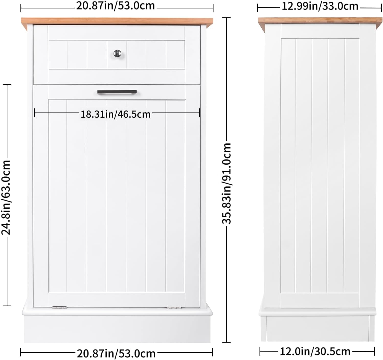 DLATRE Tilt Out Trash Cabinet 10 Gallon Kitchen Trash Can Holder Recycling Cabinet Laundry Hamper with Bamboo Cutting Board Hideaway Drawer Wooden with Added Countertop Space Keep Pets Out (White)