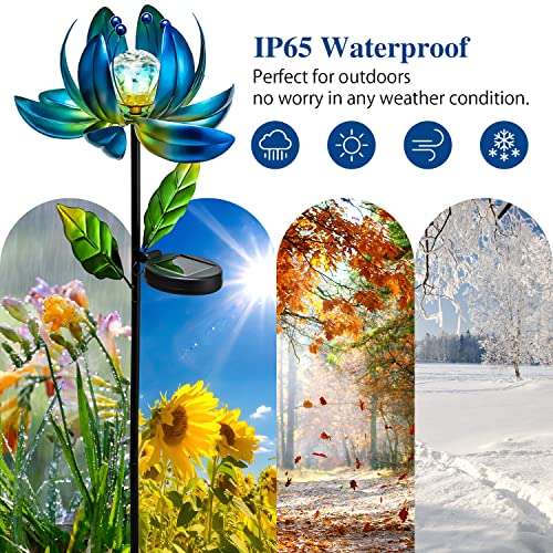 Solar Garden Lights Metal Flower Decor, Colorful Spinning Windmill Lotus Pathway Ligths With Led Cracked Crystal Ball Outdoor Decorative Stake Lighting Waterproof Flower Sculpture For Patio Yard #TOP5