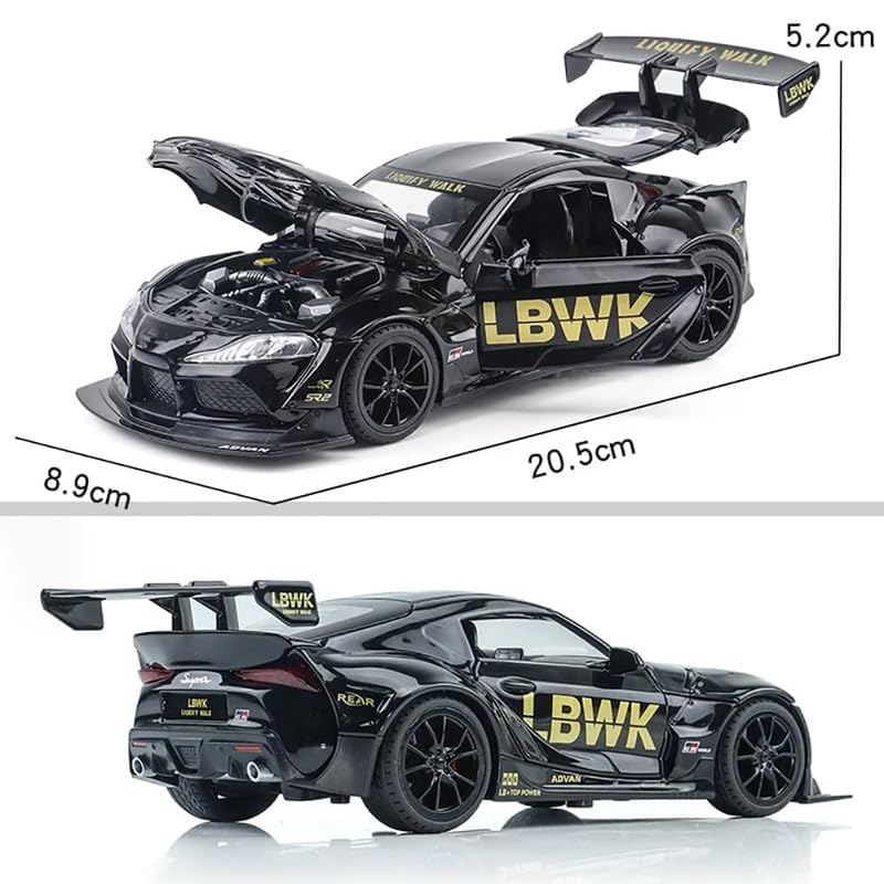 Image of PINQUE Kids New Toyota Supra GR LBWK 1:24 Diecast Alloy Metal Pull Back Car With Openable Doors, Music, Sound and Light - Vehicle Toy for Boys (Black)
