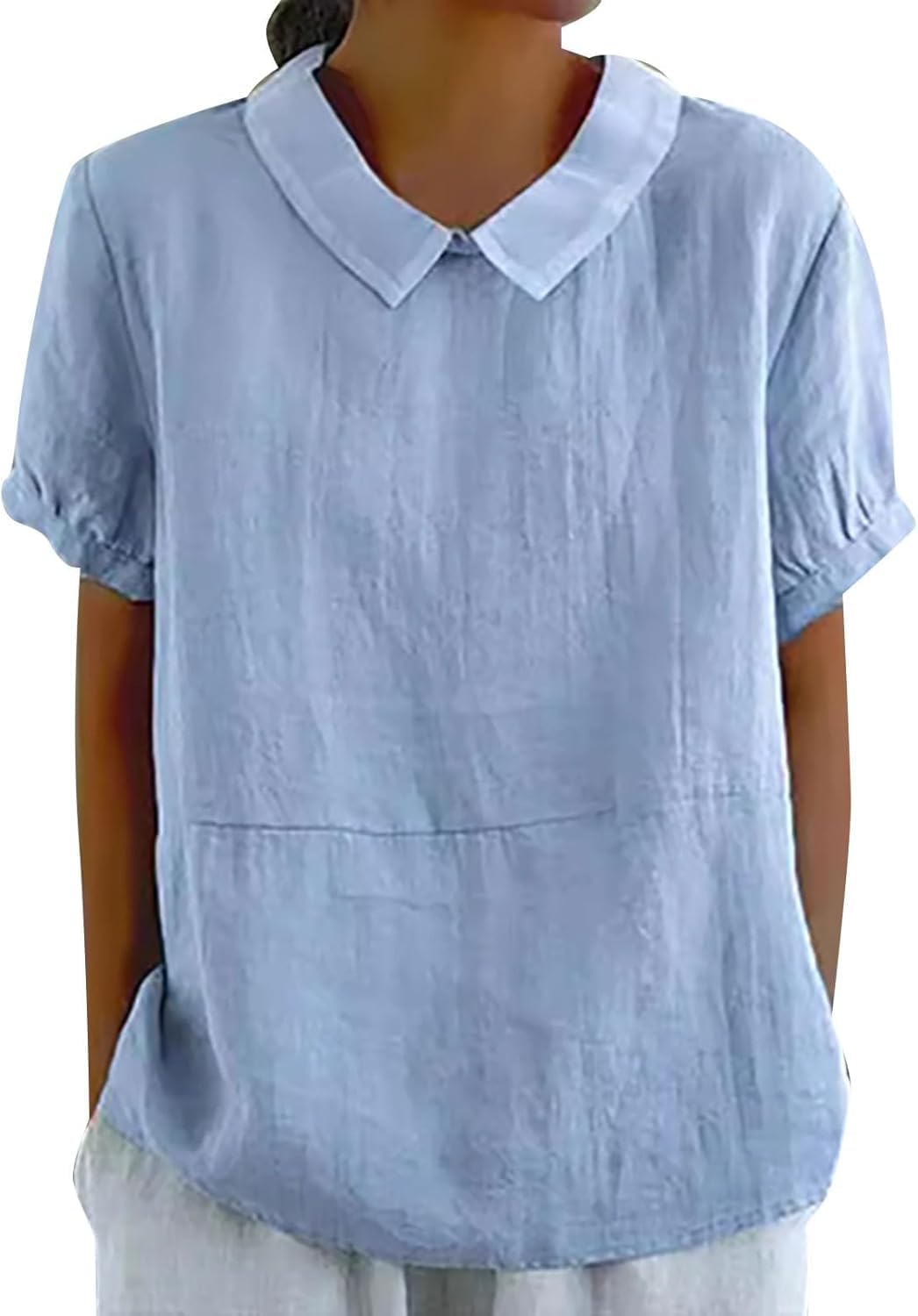 Short Sleeve Linen Shirts for Women Lapel Neck Casual Loose Tunic Blouses Summer Tops Solid Color Collar Shirts