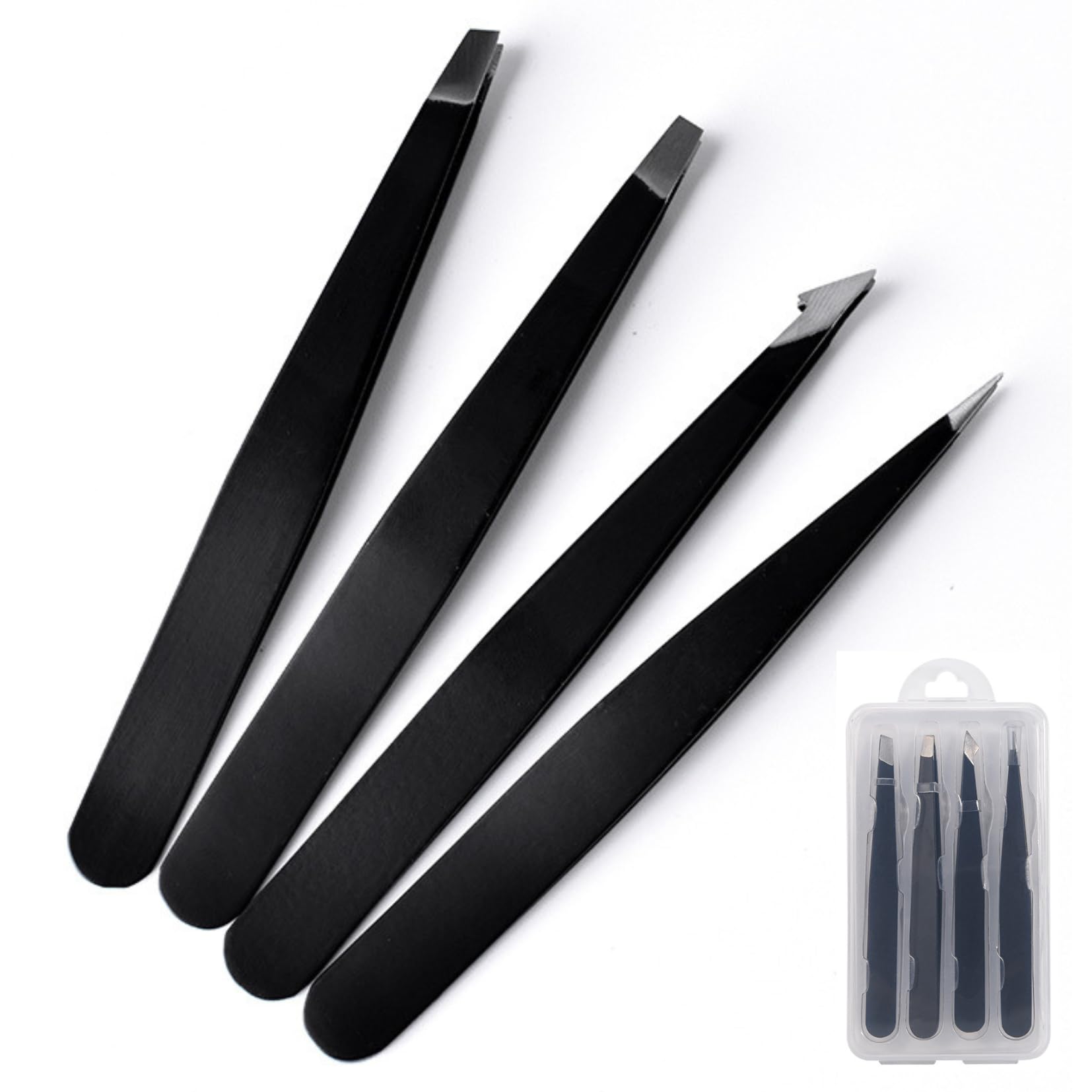 Pinzas de cejas para mujer: pinzas puntiagudas, pinzas inclinadas y pinzas astilladas. Pinzas de precisión para cabello facial de mujer. Juego de 4 pinzas para cejas. (pinzas negras)