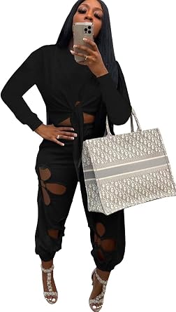 2 Piece Outfits for Women Crop Top with Hollow Out Pants Sets Sweatsuits Tracksuits