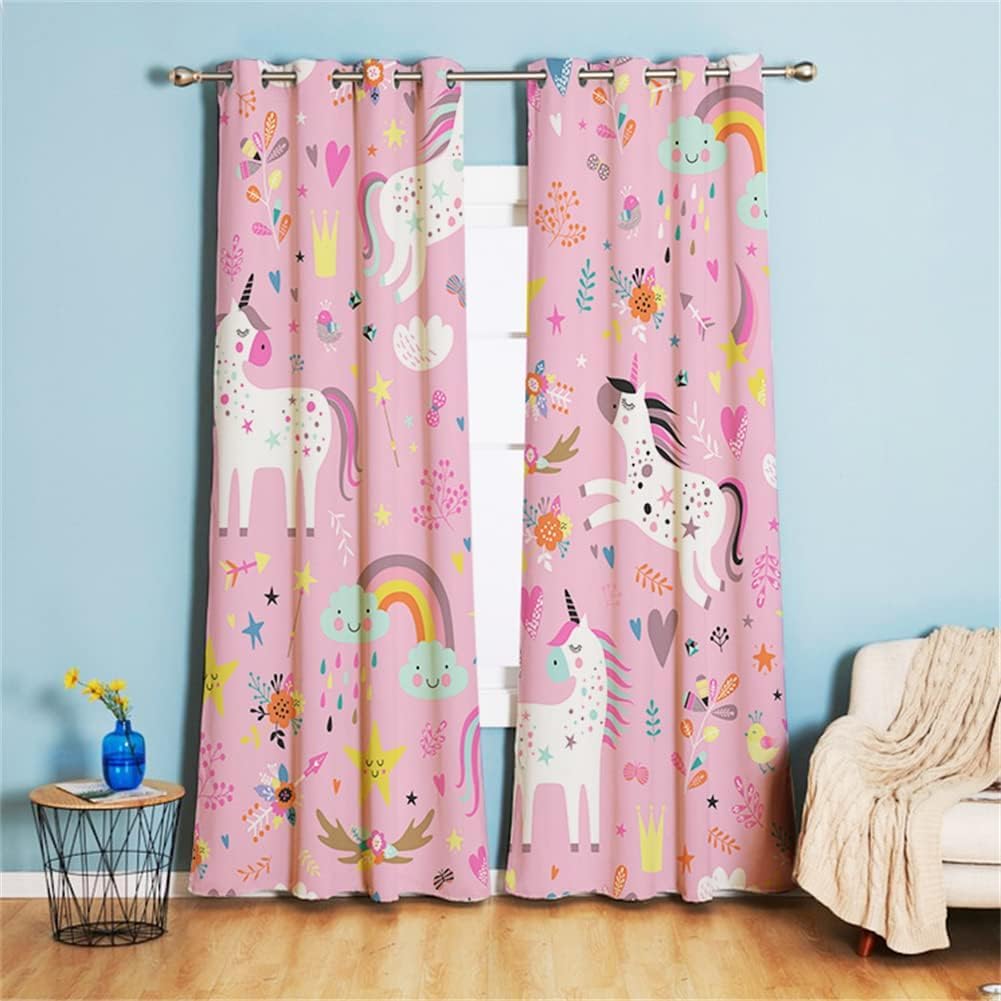 Rideaux Enfants Licorne Étoiles Rose Œillets 160×107 cm Chambre Fille