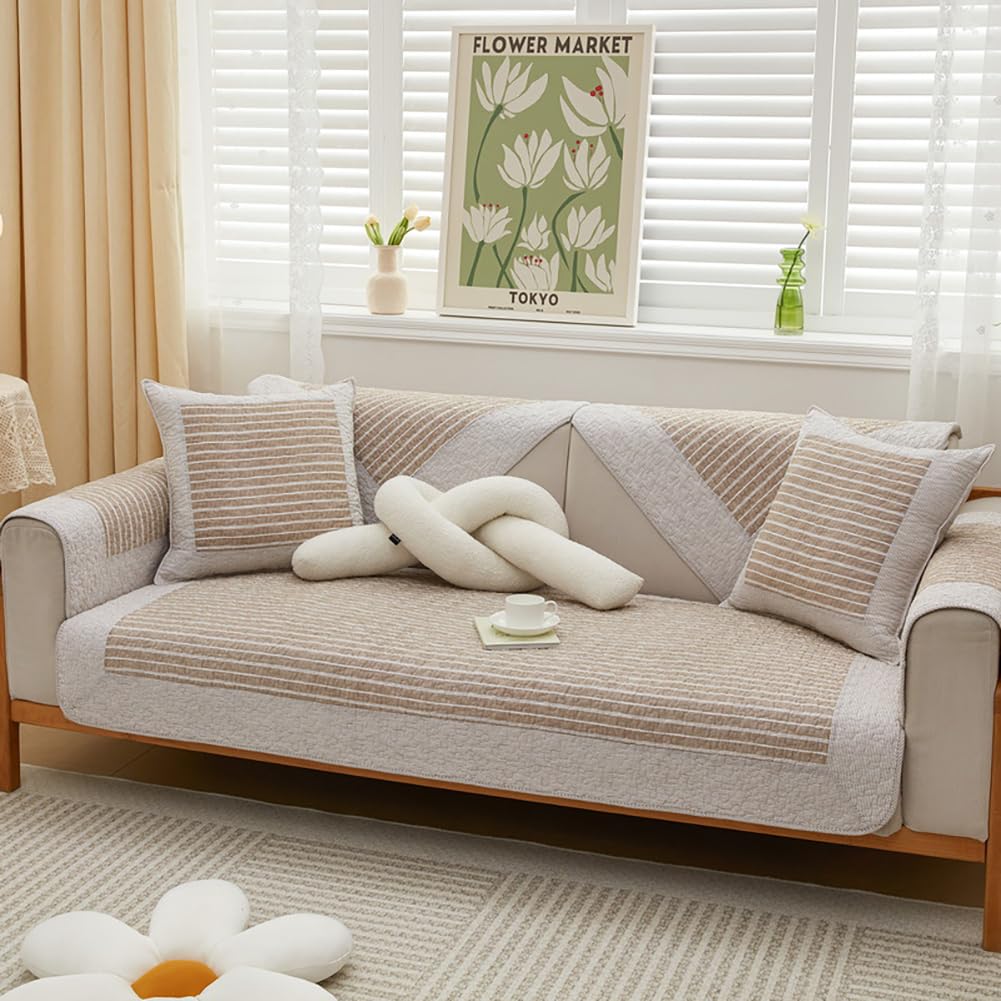 vctops Cotton Sofa Cover Farmhouse Striped Pattern Sectional Couch Cover Anti Slip Couch Cover Furniture Protector for Dog Pet Cat, 1 Piece/Not All
