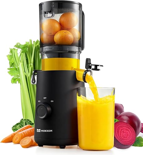 MOKKOM Exprimidor de prensa en frío, máquina extractor de jugo de canal de alimentación grande actualizada, alto rendimiento de jugo, exprimidor de