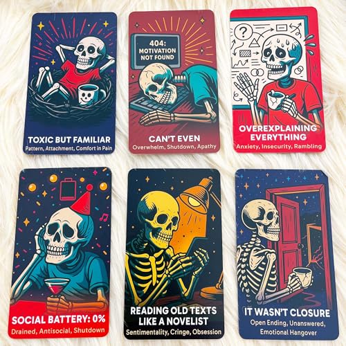 Image of DPEHAKMK The Dead Inside Oracle Deck, 54 Dark Humor Skeleton Oracle Cards for Beginners, Funny Halloween Skeleton Oracle Cards, Shadow Work Deck for Anxiety, Self-Awareness, and Modern Life Meltdowns