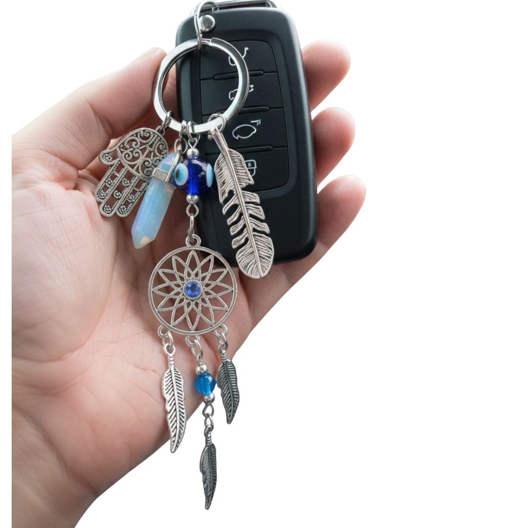 BLUE BEADS New Trending Blue Evil Eye Lucky Hamsa Leaf with Dream Catcher Car Hanging Key Chain Key Ring-image-10