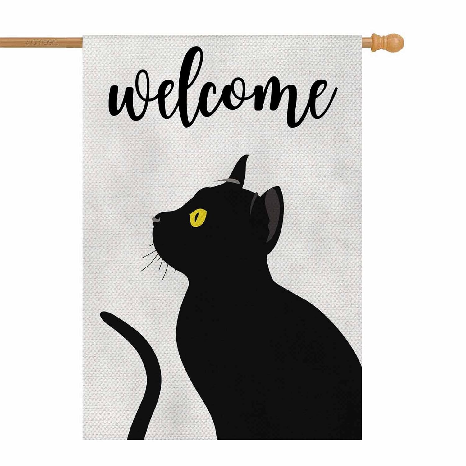 AOYEGO 猫 ウェルカムハウス フラッグ 縦型 両面 黄麻布 黒猫 黄色い目 農家 庭 屋外 季節旗 装飾 28 x 40インチ