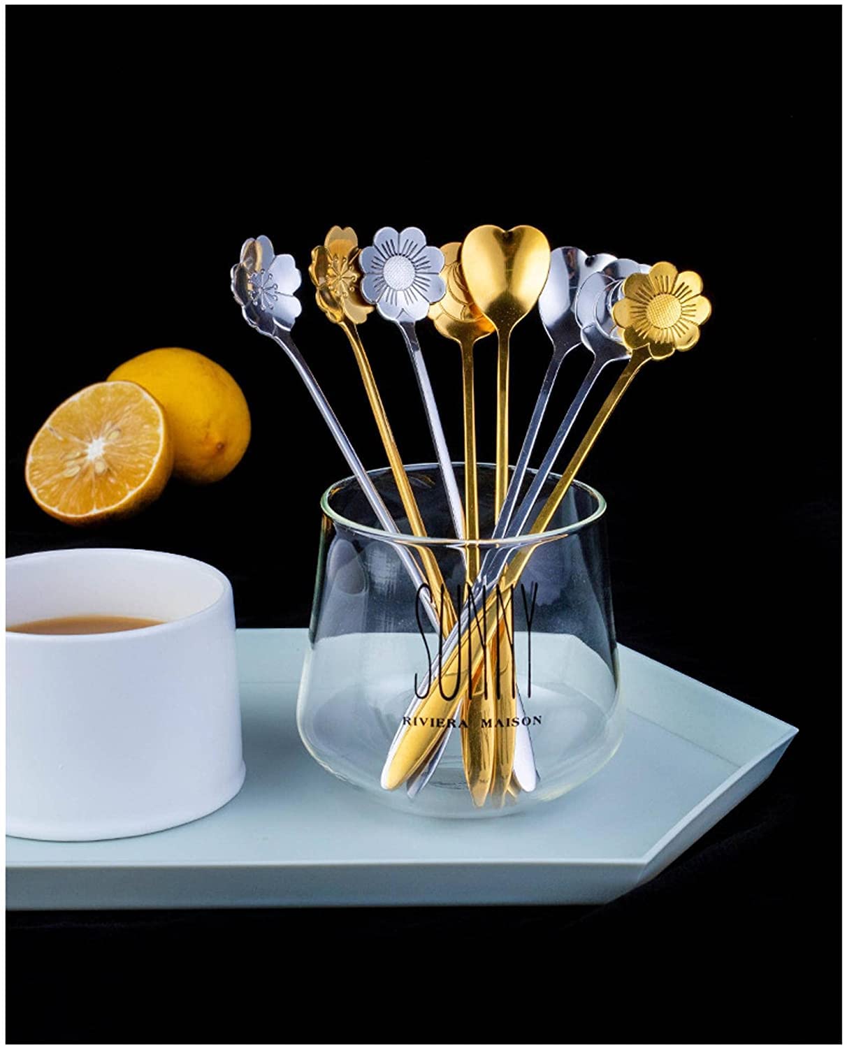 Cucharas De Mesa 1 ordenador personal Cuchara de acero inoxidable Cola flores Cucharada Accesorios cocina Vajilla Decoración Sopa Antigoteo Servir(Silver B Short)