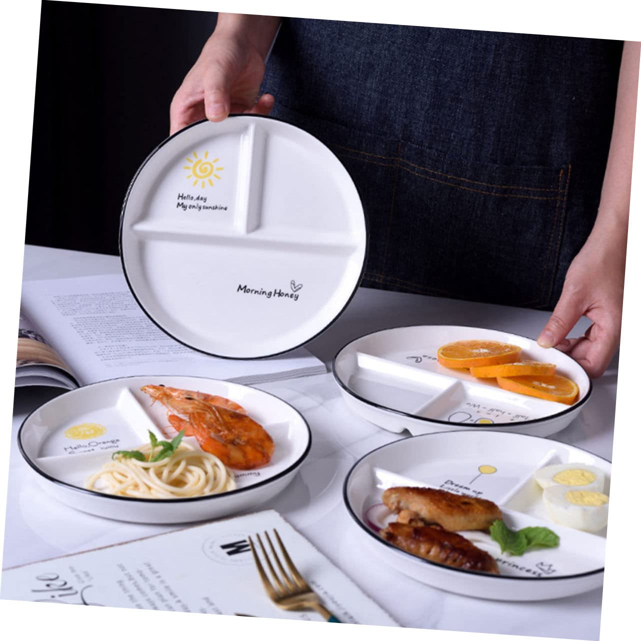 Assiette Compartimentée à 3 Compartiments en Céramique, Lot de 2