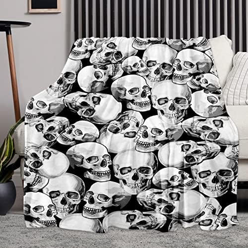 Fleece Throw Blanket, Cozy Warm Flannel Throw Blanket for Couch Sofa Bed Office, 350 GSM Ultra-Soft Microfiber Plush Blanket Comfy Fuzzy Throws for Adults All Season (50 x 60 in, Grey Skull)