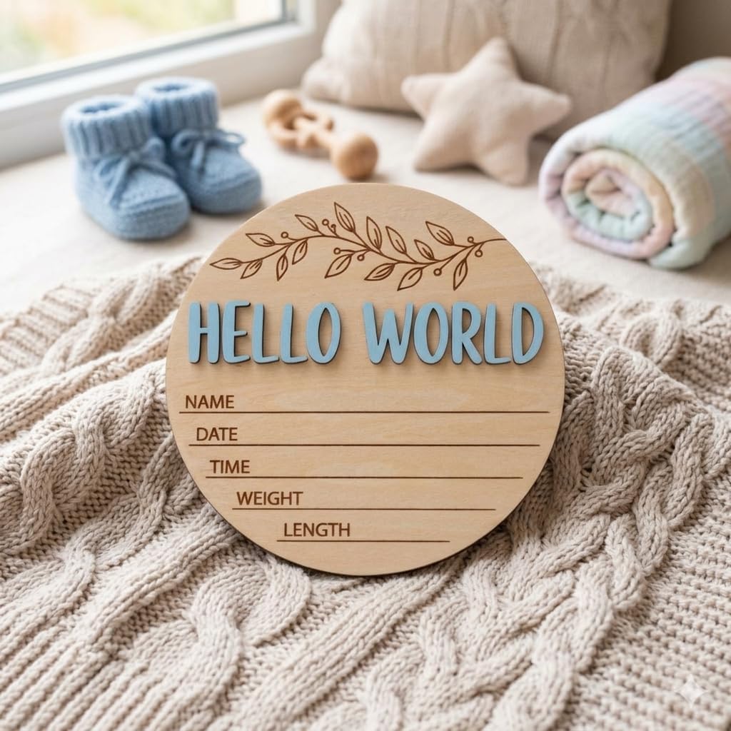 3D Blue Hello World Birth Announcement Sign - Round Wooden Baby Name Stat Plaque for Hospital - Newborn Photo Prop Ornament - Engraved Leaves Nursery Decor - Keepsake Gift for Baby Boy Girl