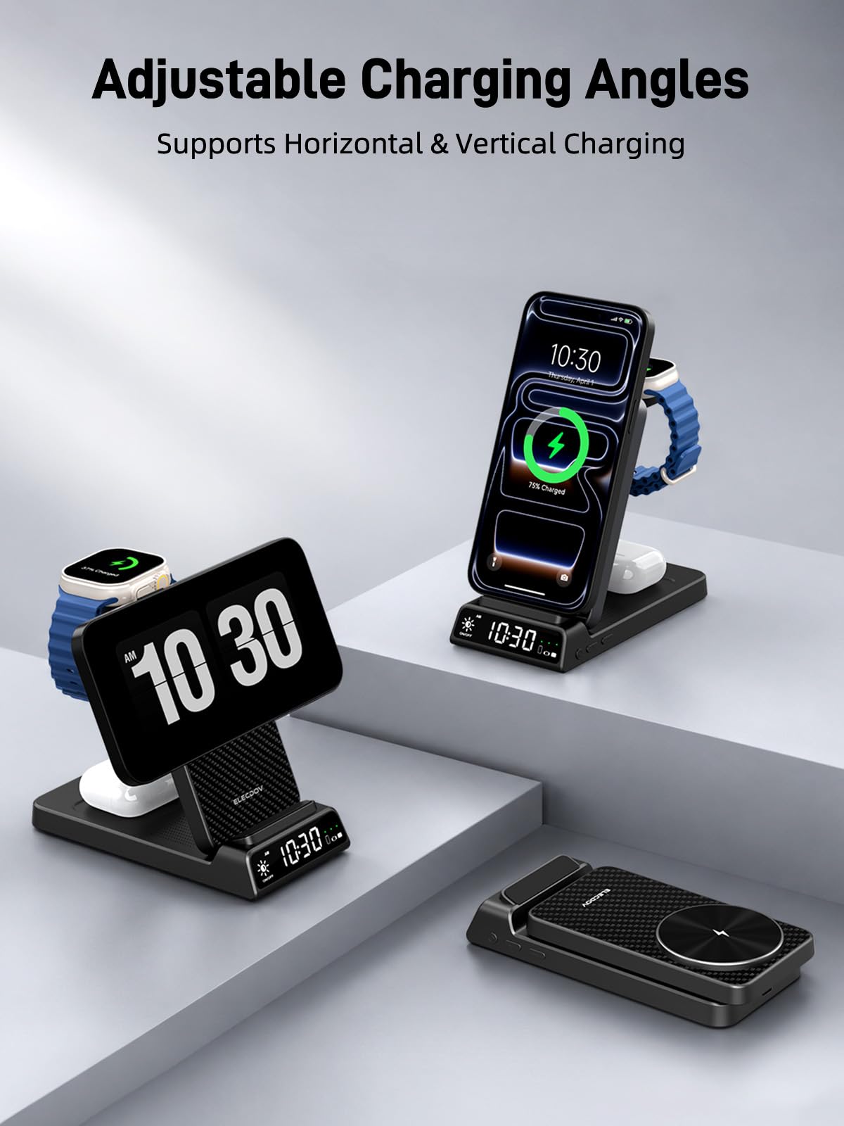Chargeur sans Fil pour Apple, Station de Charge magnétique 3 en 1 avec Horloge, Support de Charge sans Fil de Voyage Pliable pour iPhone 17/16/15, Chargeur de Montre pour iWatch 10 (Fibre de Carbone)