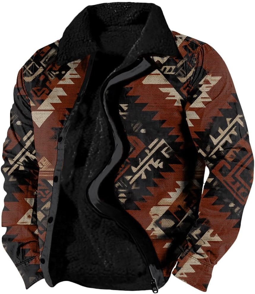 Men's Aztec Tribal Print Jacket Western Cowboy Graphic Fleece Coat Sherpa Casual Retro Zipper Jackets Warm Heavy