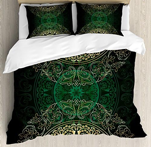 Lunarable Hunter Green Duvet Cover Set, Retro Oriental Mandala Style Floral Circle Antique Swirls Pattern, Decorative 3 Piece Bedding Set with 2 Pillow Shams, King Size, Green Yellow