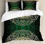 Lunarable Hunter Green Duvet Cover Set, Retro Oriental Mandala Style Floral Circle Antique Swirls...