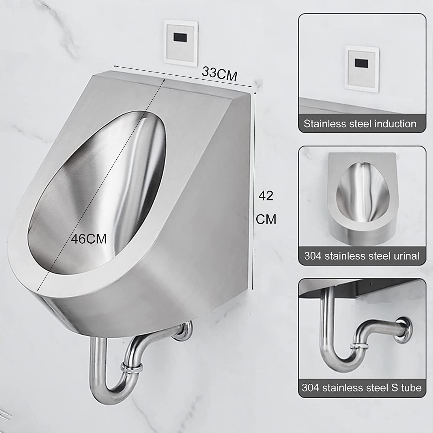 Wall-Mounted Urinal Men's Sanitary Ware, Commercial Non-Contact Public Toilet Urinals with Sensor Flush Valve, Urinal Kit for Home Bathroom Hotel Restaurant (B1)