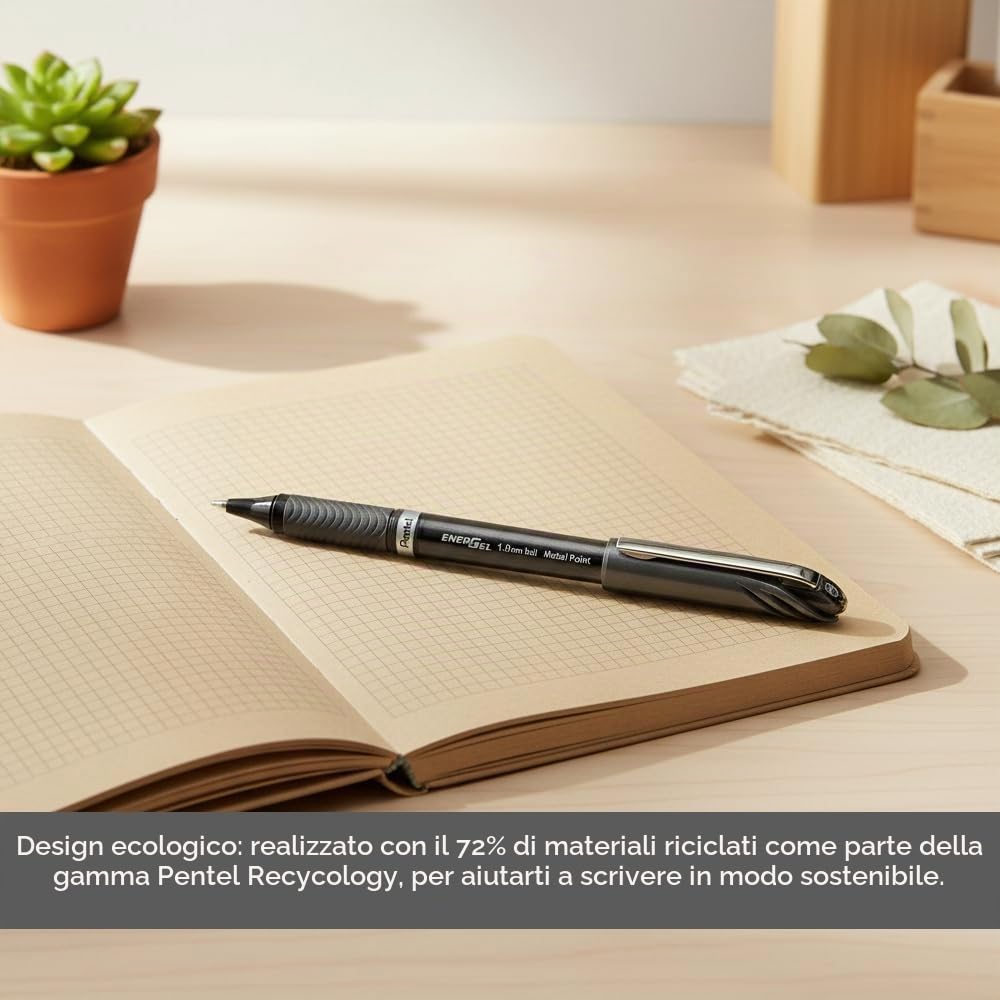 Pentel Energel Plus, Penna gel inchiostro, 1.0 mm, Nero, Pacco da 12, 12 Pezzi