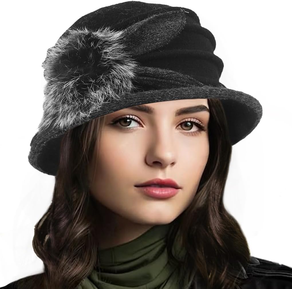 RuphedyWomen Felt Bucket Hat Vintage Floral Wool Dress Winter Hats