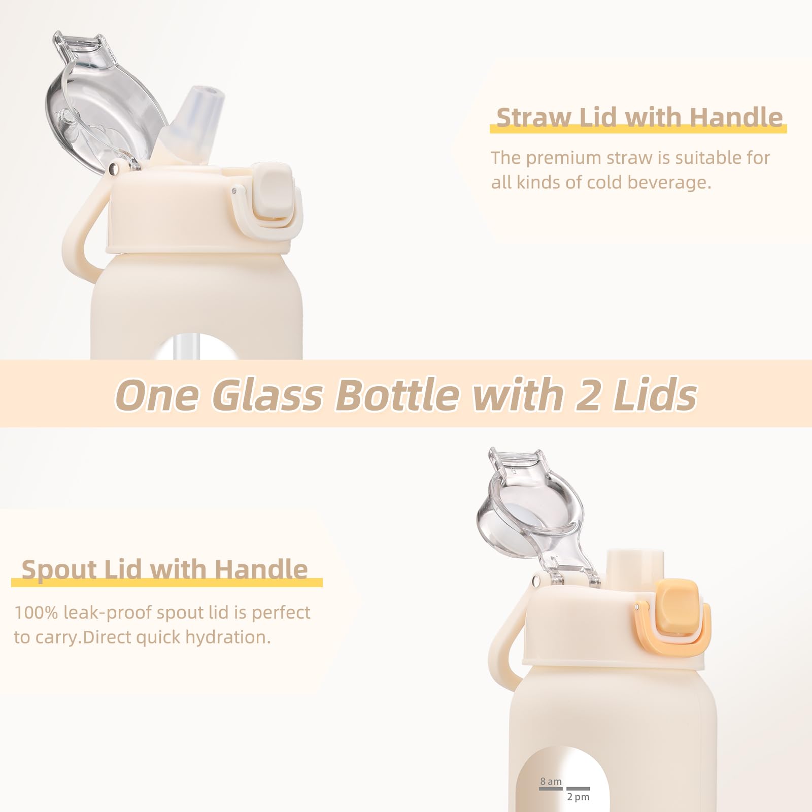chunmo Bouteille d'eau en verre de 710 ml avec 2 couvercles, couvercle à bec verseur et couvercle à paille, bouteille d'eau motivante avec marqueur de temps et manchon en silicone, étanche, blanc